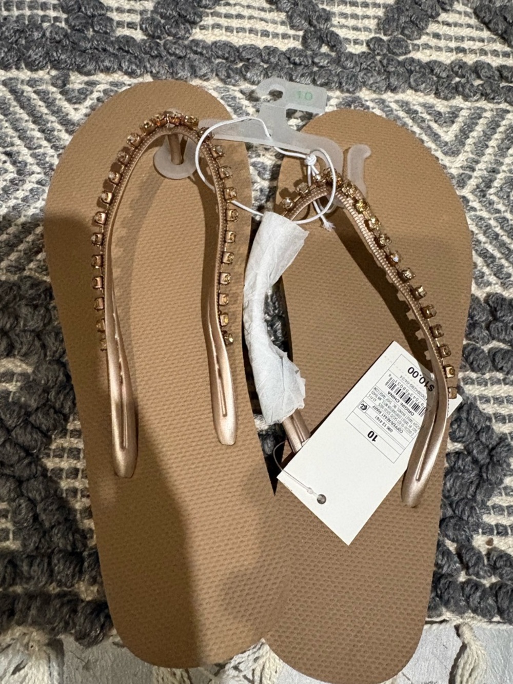 New from Target, camel colored flip flops with jewel accents